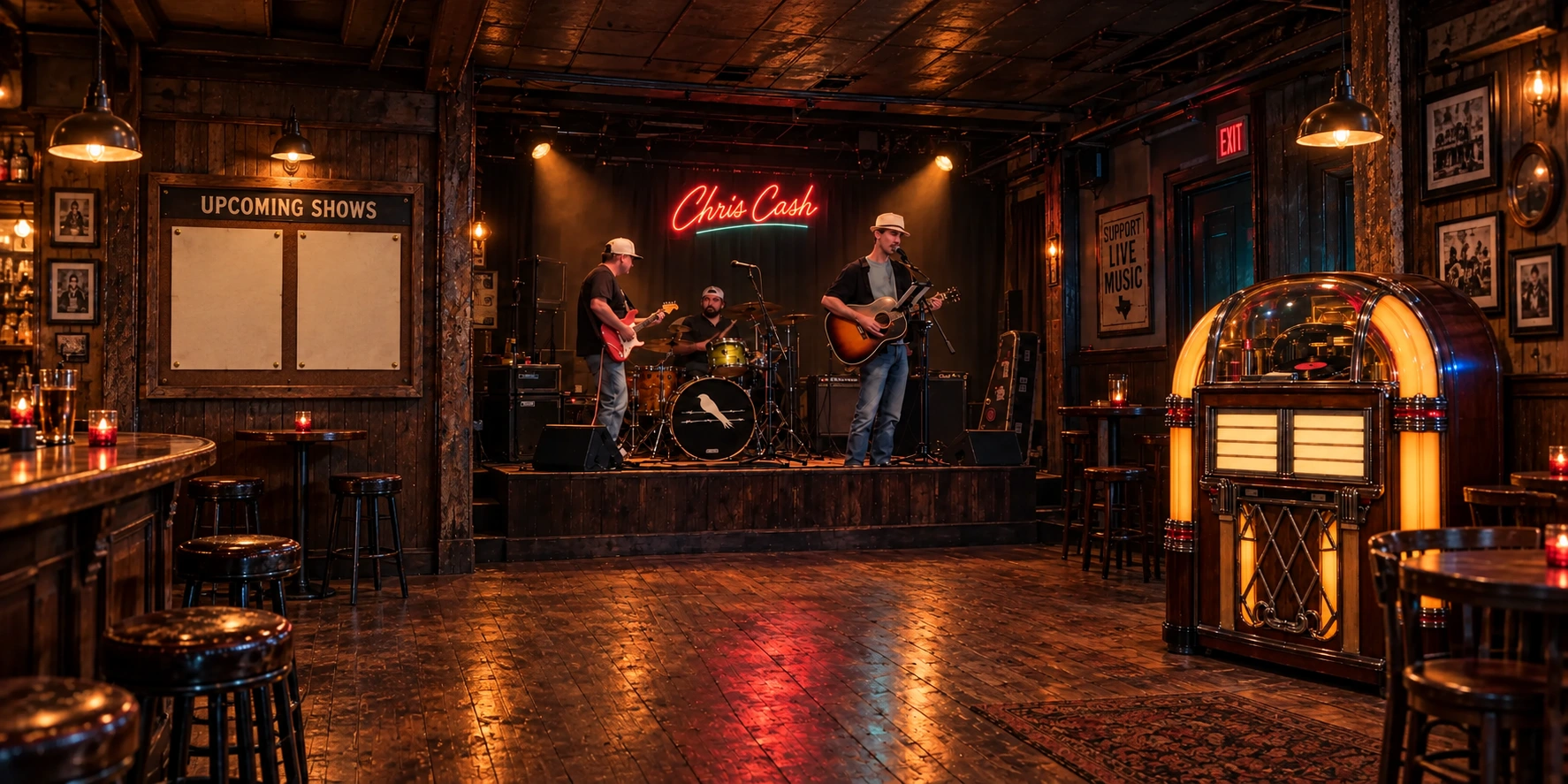 Chris Cash's bar concept: a band on the center stage beneath his neon sign, show posters on the left wall, and a glowing vintage jukebox on the right